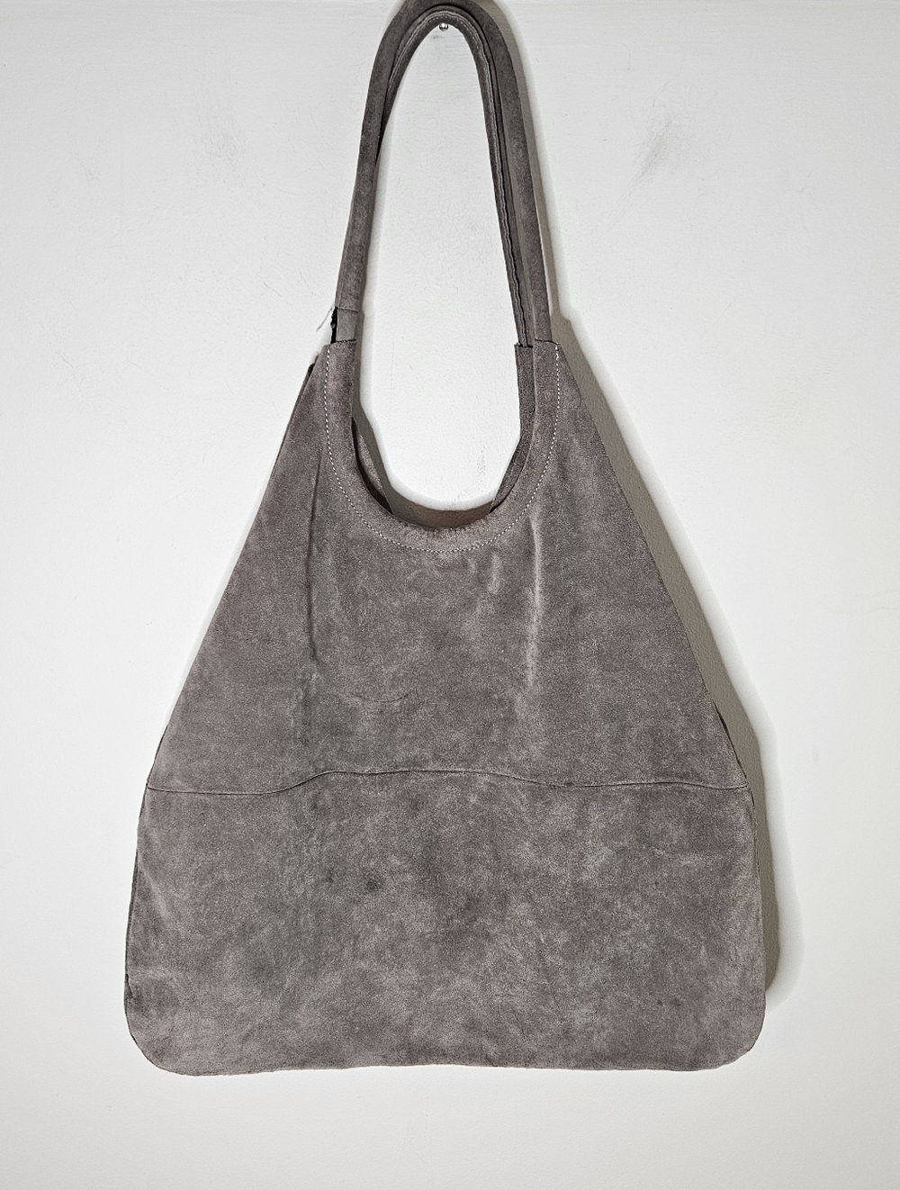 COS Suede Shopper Tote Bucket Bag Gray Slouchy Large Loop Handles FLAW